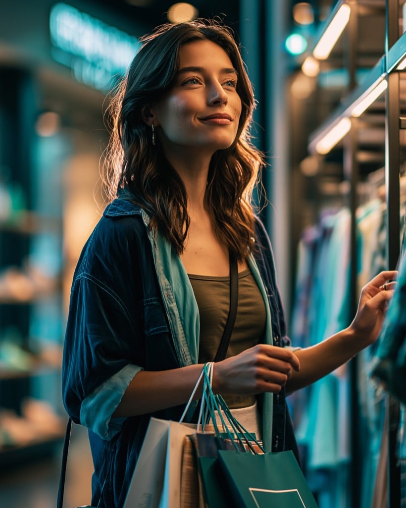 A brand manager browsing a boutique with shopping bags, smiling, replies that feel personal